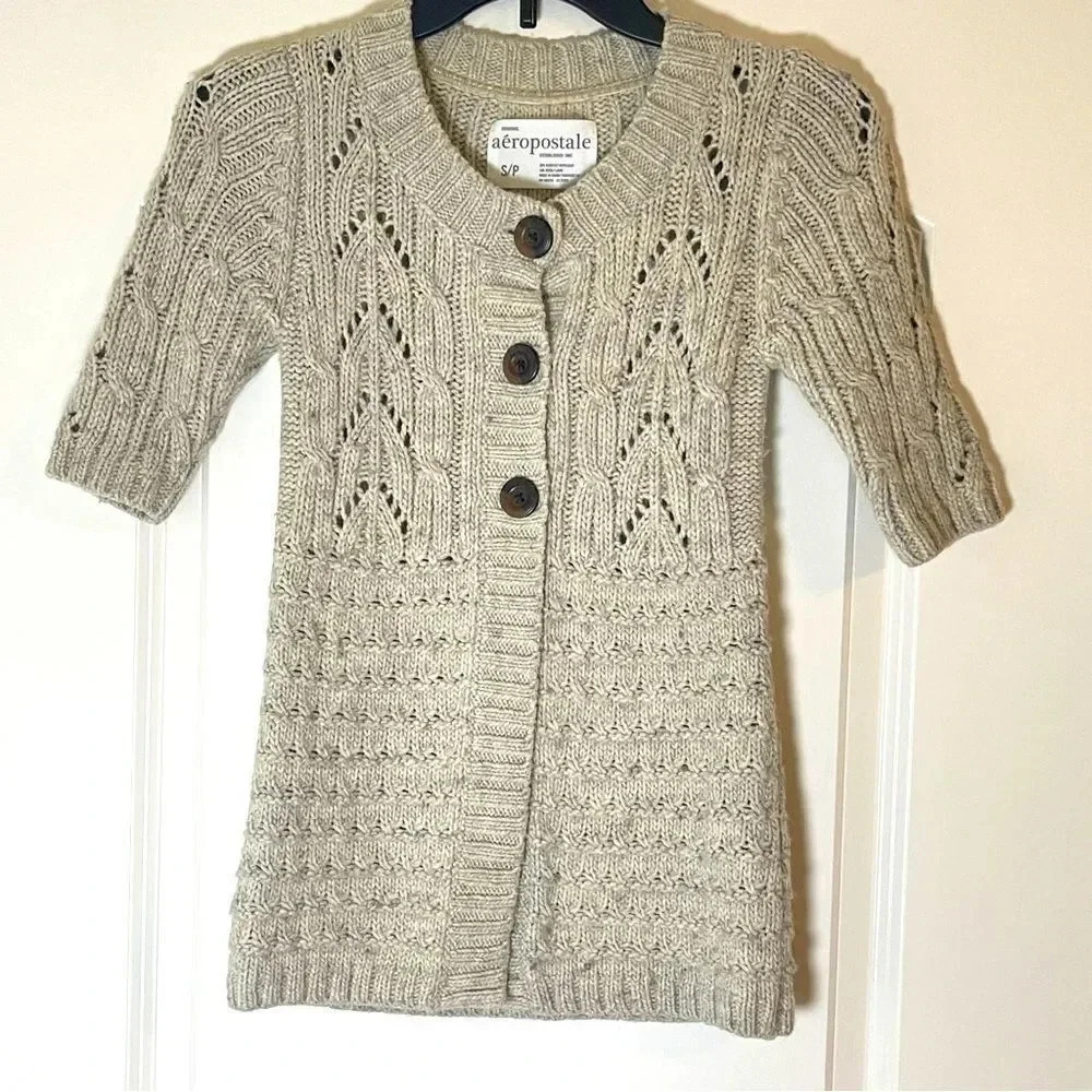 Cozy Aeropostale Wool Brown 3/4 Sleeve Button Down Cardigan Sweater - Size S